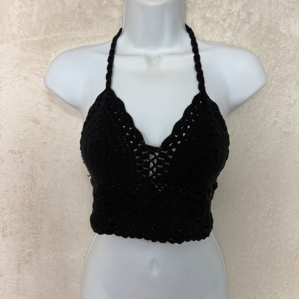Handmade Black Cotton Crochet Halter Crop Top Lace Up Back Size M Boho Festival